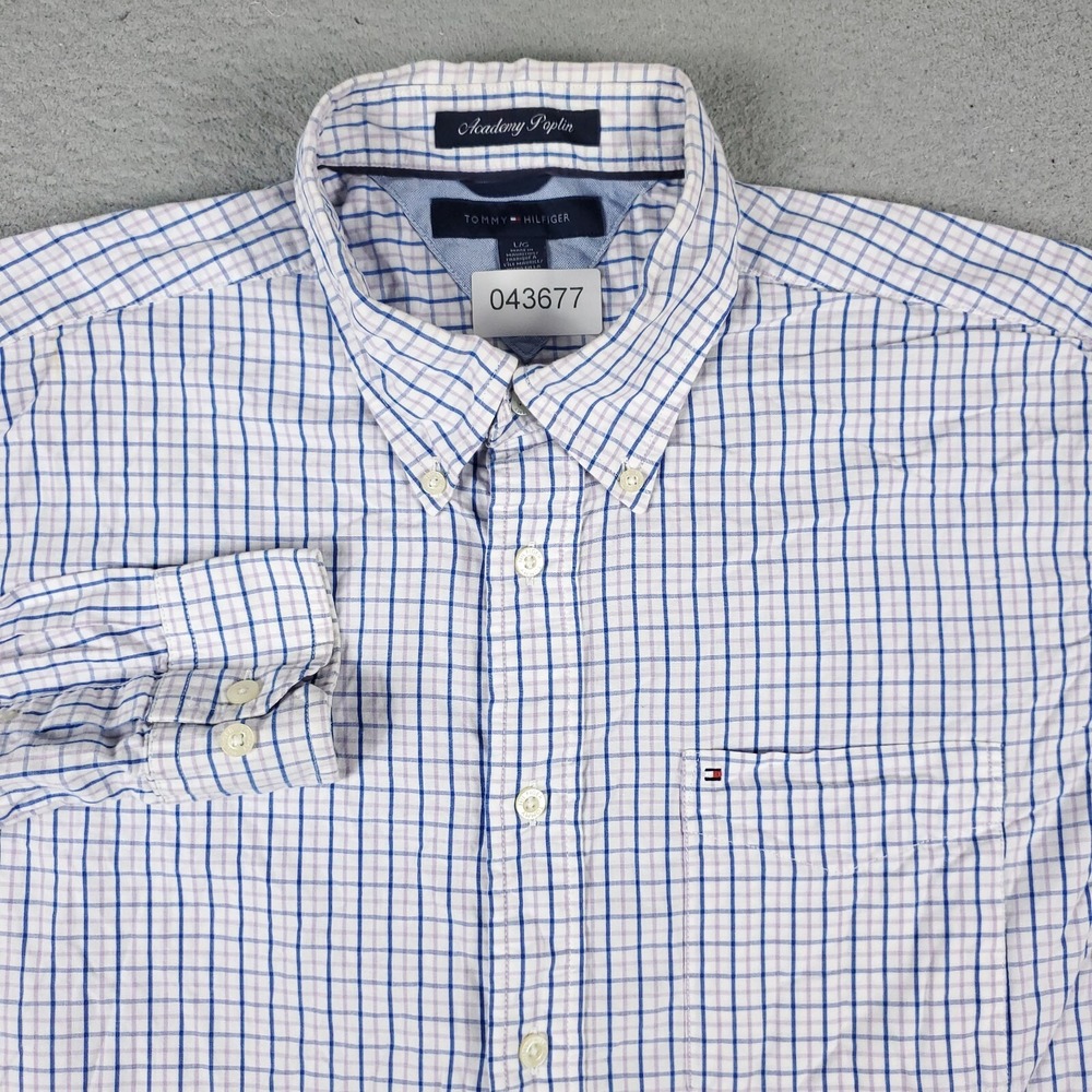 Tommy Hilfiger Mens Large Blue Purple Check Academy Poplin Button Up Shirt L